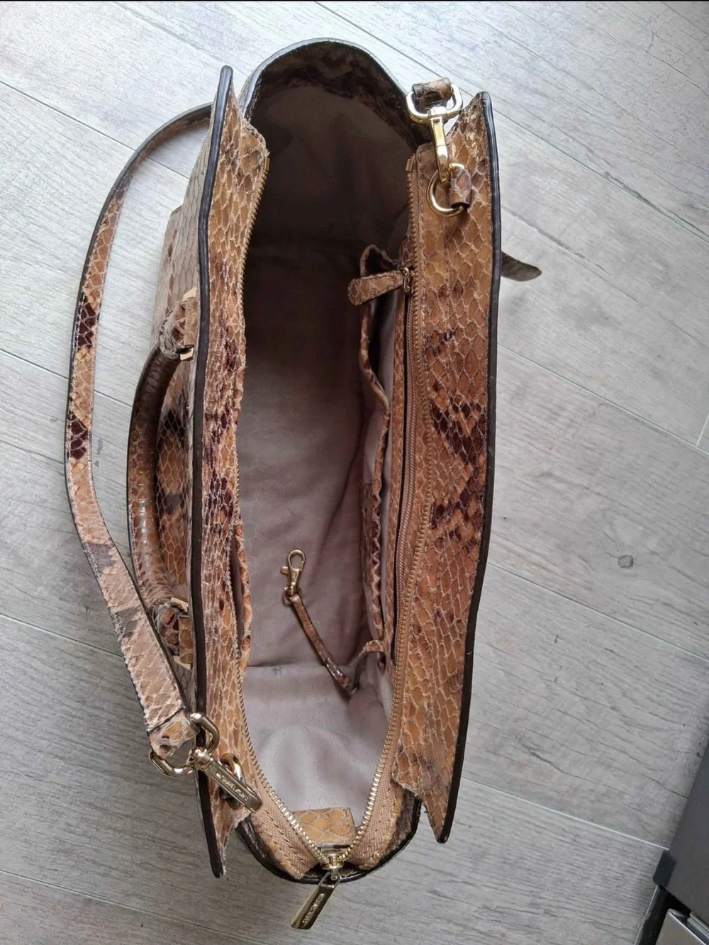 Michael Kors Brown Snake-Print Satchel with Gold Hardware